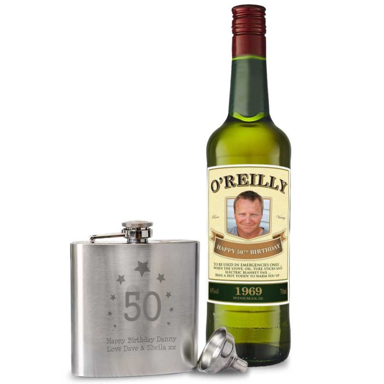 (image for) Irish Personalised Whiskey 70cl & Age Hip Flask Hamper - Click Image to Close