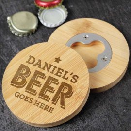 (image for) Personalised Beer Goes Here Bamboo Bottle Opener Coaster