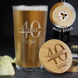 (image for) Personalised Big Age Bamboo Bottle Opener Coaster and Pint Glass Set