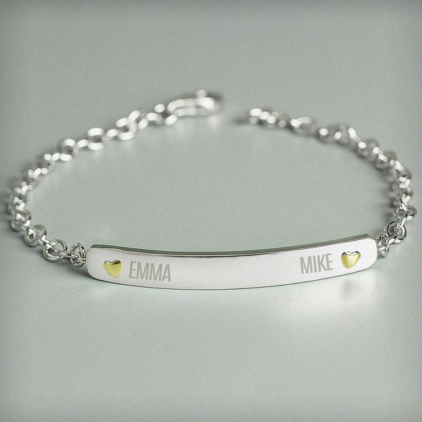 (image for) Personalised Two Names Sterling Silver and 9ct Gold Bar Bracelet