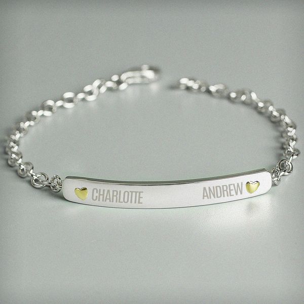 Modal Additional Images for Personalised Two Names Sterling Silver and 9ct Gold Bar Bracelet