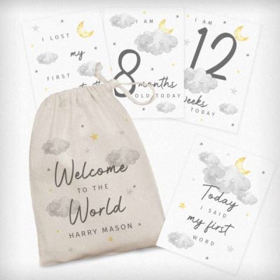 (image for) Personalised Cloud Baby Milestone Cards In Drawstring Bag