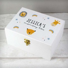 (image for) Personalised Safari Animals White Wooden Keepsake Box