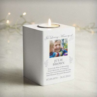 (image for) Personalised Memorial Photo Upload White Wooden Tea light Holder