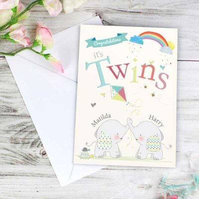 (image for) Personalised Hessian Elephant Twins Card