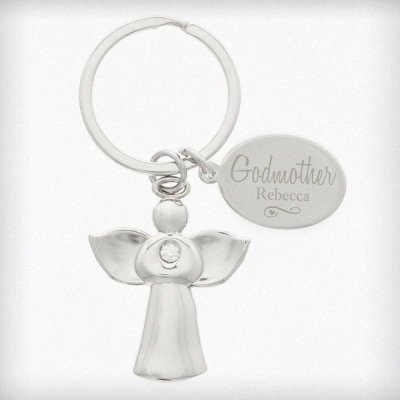(image for) Personalised Silver Plated Swirls & Hearts Godmother Angel Keyri