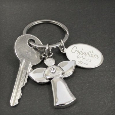 (image for) Personalised Silver Plated Swirls & Hearts Godmother Angel Keyri