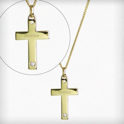 (image for) Personalised 9ct Gold Cross with Sterling Silver Heart & CZ Necklace