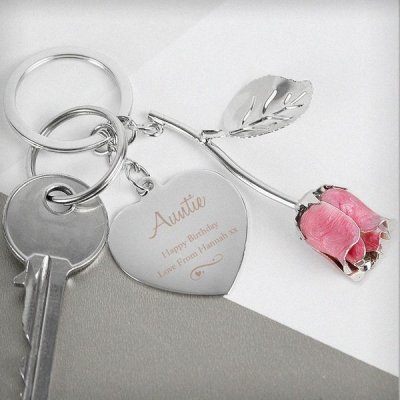 (image for) Personalised Silver Plated Swirls & Hearts Pink Rose Keyring