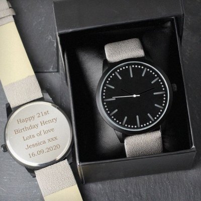 (image for) Personalised Mens Matte Black Watch with Grey Strap and Presentation Box