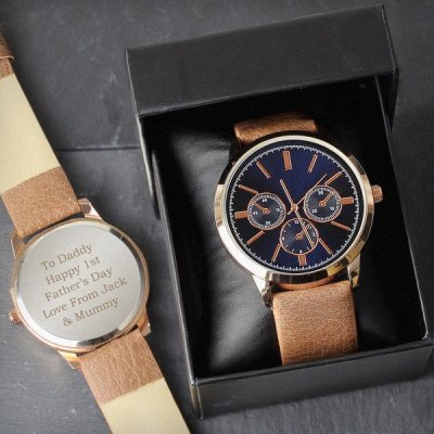 (image for) Personalised Mens Rose Gold Tone Watch with Brown Strap and Presentation Box