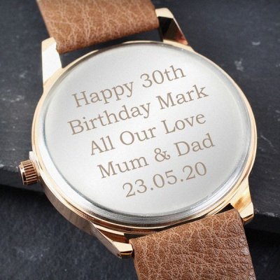 (image for) Personalised Mens Rose Gold Tone Watch with Brown Strap and Presentation Box