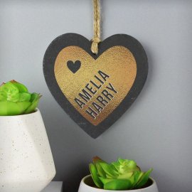 (image for) Personalised Couples Gold Printed Slate Heart Decoration