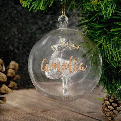 (image for) Personalised Gold Glitter Name Only Reindeer Glass Bauble