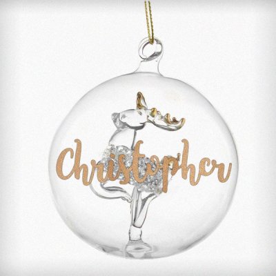 (image for) Personalised Gold Glitter Name Only Reindeer Glass Bauble
