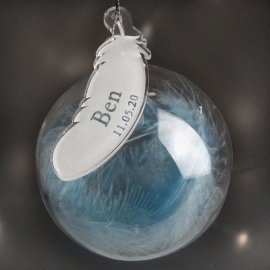 (image for) Personalised Name & Date Blue Feather Glass Bauble