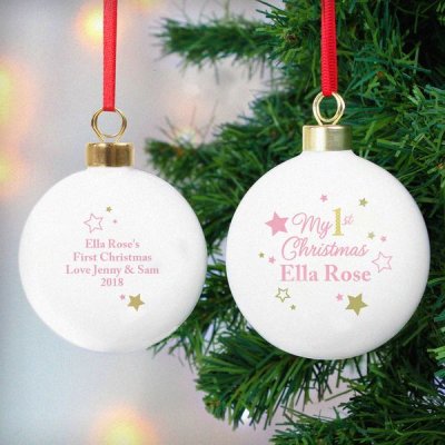 (image for) Personalised Gold & Pink Stars My 1st Christmas Bauble