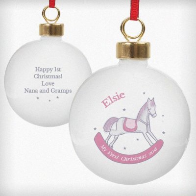 (image for) Personalised 1st Christmas Pink Rocking Horse Bauble