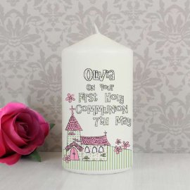 (image for) Personalised Whimsical Church Pink 1st Holy Communion Candle