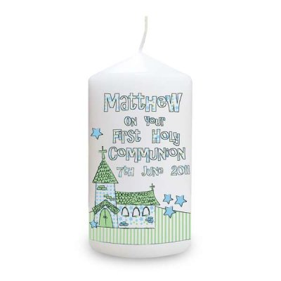 (image for) Personalised Whimsical Church Blue 1st Holy Communion Candle