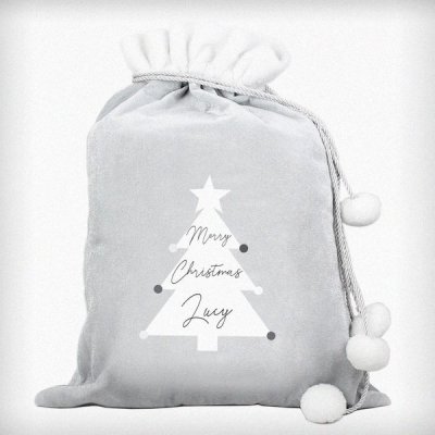 (image for) Personalised Christmas Tree Luxury Silver Grey Pom Pom Sack