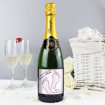 (image for) Personalised Baby Footprint Pink Champagne with Gift Box