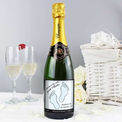 (image for) Personalised Baby Footprint Blue Champagne with Gift Box