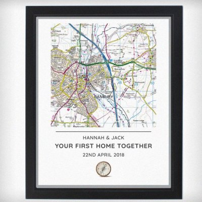 (image for) Personalised Present Day Map Compass Black Framed Poster Print