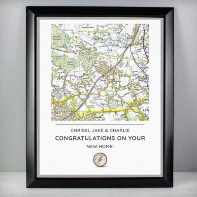 (image for) Personalised Present Day Map Compass Black Framed Poster Print