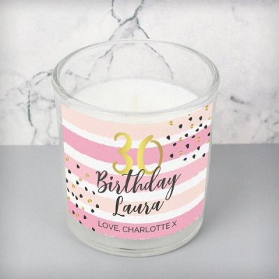 (image for) Personalised Birthday Gold and Pink Stripe Scented Jar Candle