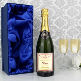 (image for) Personalised Red Swirl Champagne Label with Gift Box