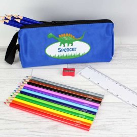 (image for) Blue Dinosaur Pencil Case with Personalised Pencils & Crayons