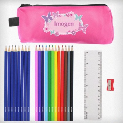 (image for) Pink Butterfly Pencil Case with Personalised Pencils & Crayons