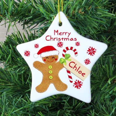 (image for) Personalised Felt Stitch Gingerbread Man Ceramic Star Decoration