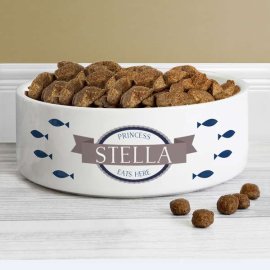 (image for) Personalised Blue Fish 14cm Medium White Pet Bowl