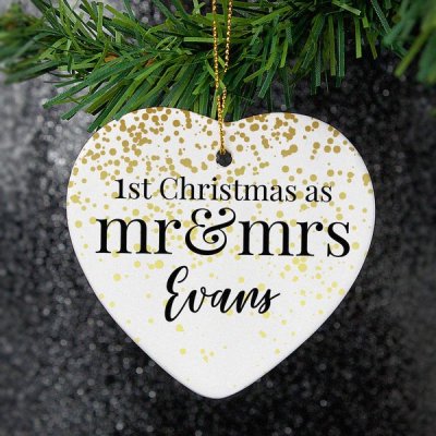 (image for) Personalised Mr and Mrs 1st Christmas Ceramic Heart Decoration