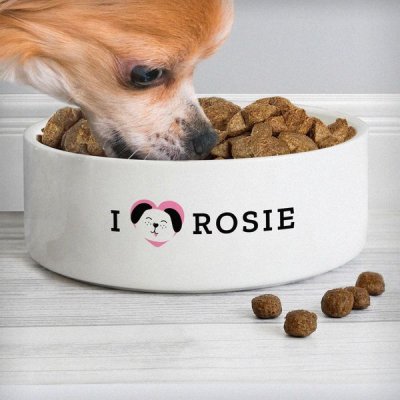 (image for) Personalised I Love my Dog - Cute Design 14cm Medium Ceramic White Pet Bowl