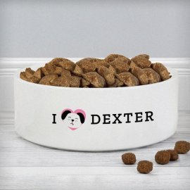 (image for) Personalised I Love my Dog - Cute Design 14cm Medium Ceramic White Pet Bowl