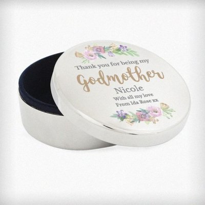 (image for) Personalised Godmother 'Floral Watercolour' Round Trinket Box