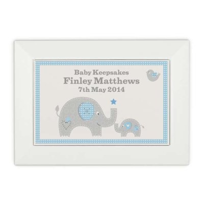 (image for) Personalised Blue Baby Elephant White Wooden Keepsake Box