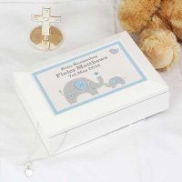 (image for) Personalised Blue Baby Elephant White Wooden Keepsake Box