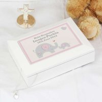 (image for) Personalised Pink Baby Elephant White Wooden Keepsake Box