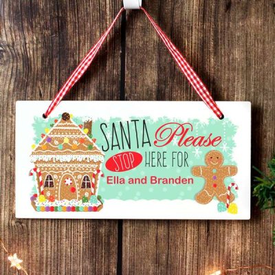 (image for) Personalised Gingerbread House Santa Stop Here Wooden Sign