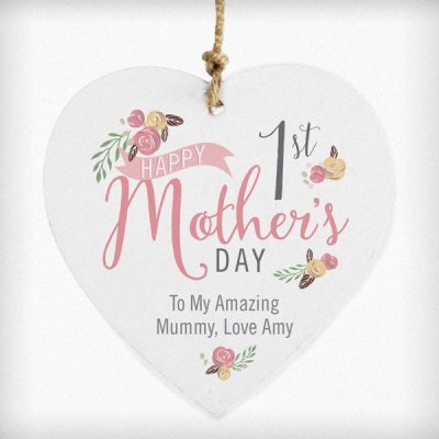 (image for) Personalised Floral Bouquet 1st Mothers Day Wooden Heart Decoration