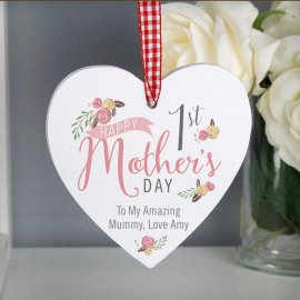 (image for) Personalised Floral Bouquet 1st Mothers Day Wooden Heart Decoration