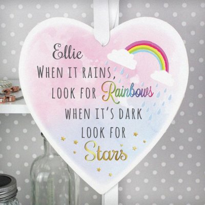 (image for) Personalised Rainbows and Stars 22cm Large Wooden Heart Decoration