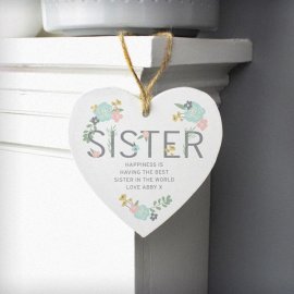 (image for) Personalised Sister Floral Wooden Heart Decoration