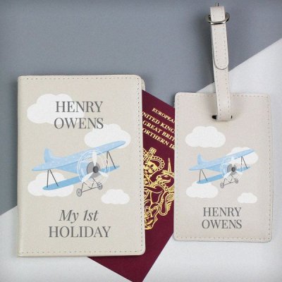 (image for) Personalised Blue Plane Passport Holder & Luggage Tag Set