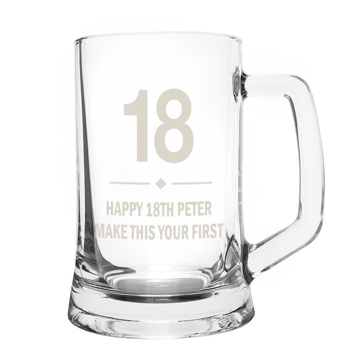 (image for) 18th Birthday Gift Big Age Glass Pint Stern Tankard - Click Image to Close