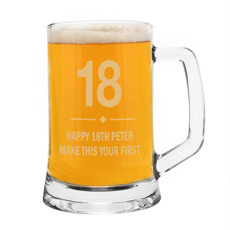 (image for) 18th Birthday Gift Big Age Glass Pint Stern Tankard - Click Image to Close